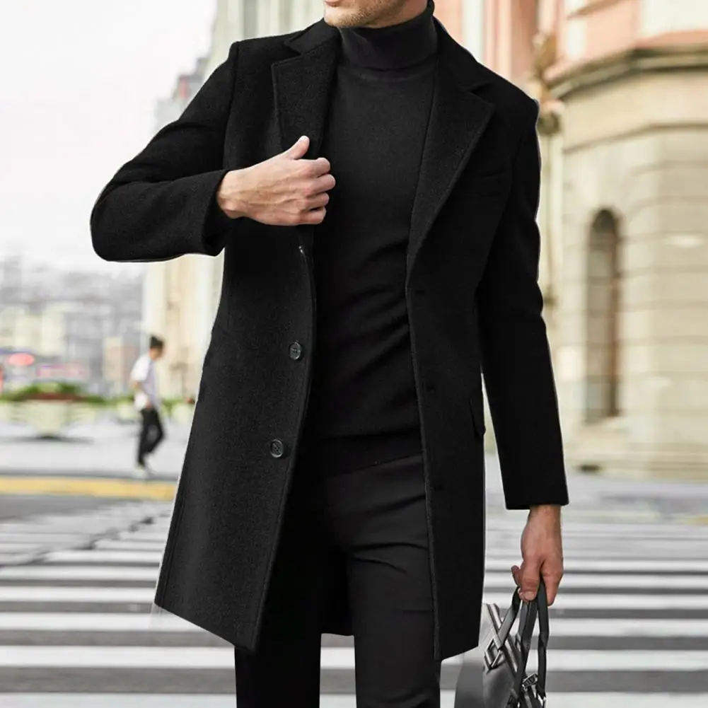 

Men Slim Fit Overcoat Solid Color Single Breasted Lapel Long Coat Jacket Winter Men's Woolen Coats Casual Overcoat Male Outwear