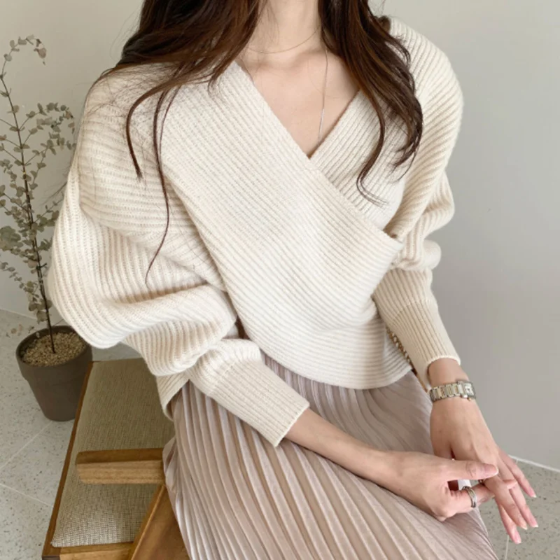 

2021 Elegant Sweater Blouse Long Sleeve Knitted Sweater For Women Winter Women Cross V-Neck Sweater Loose Knitting Pullovers