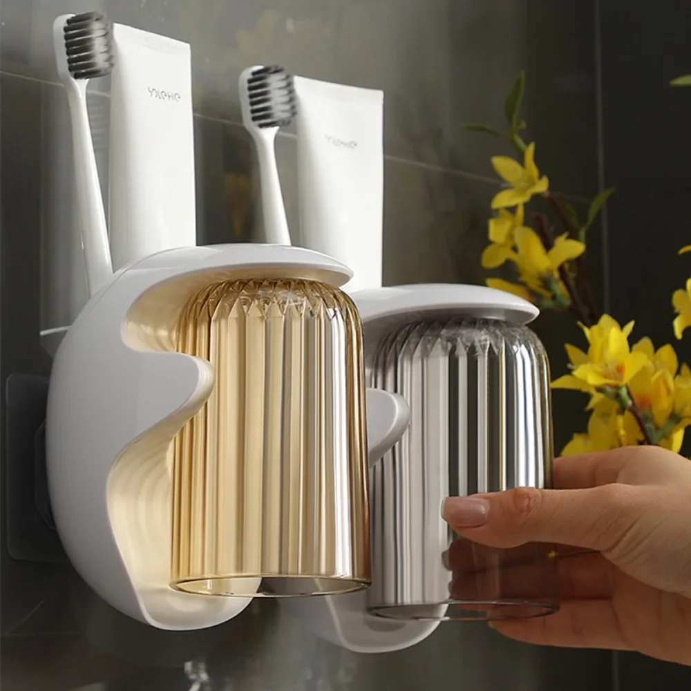 

Toothbrush Holder Storage Toothpaste Razor Bathroom Cup Set Wall Mounted Self-adhesive Toilet Magnetic Toothbrush Cup Organizer