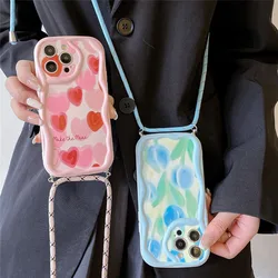 Crossbody Lanyard Flower Phone Case For iPhone 15 14 13 12 11 Pro Max XR X XS Max 7 8 Plus Curly Wave Edge Cord Silicone Cover