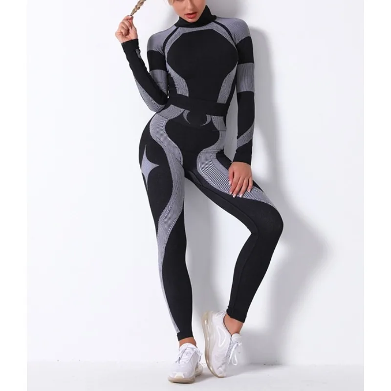 

Krisnanas Spliced Knit Yoga Women's Two Piece Sets 2025 Autumn Winter Stand Neck Top Moisture Absorption Breathable Pant 66588