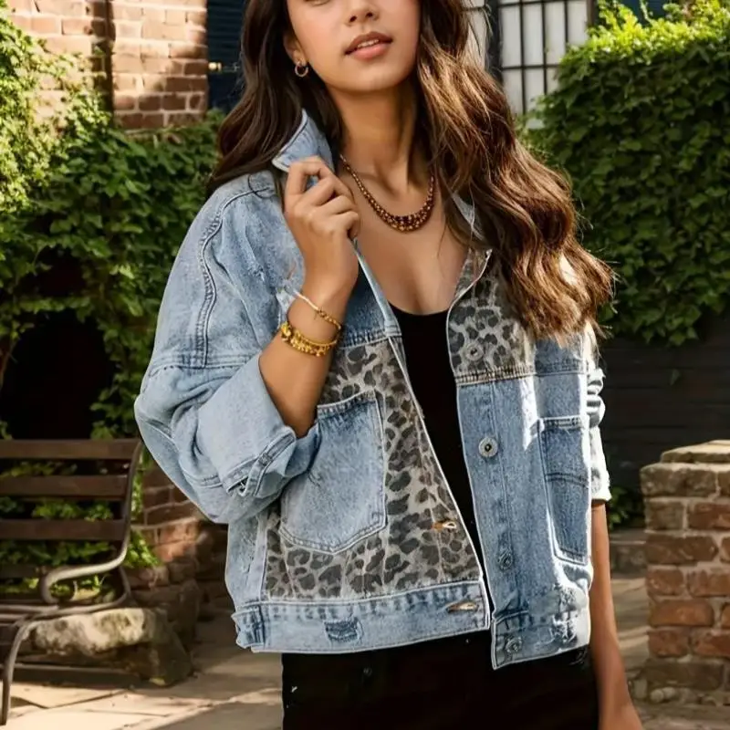 Faionable ليوبارد طباعة الدنيم Jaet 2025 عبر الحدود جديد Sle المرأة ort معطف ليوبارد نمط الربط تصميم #2