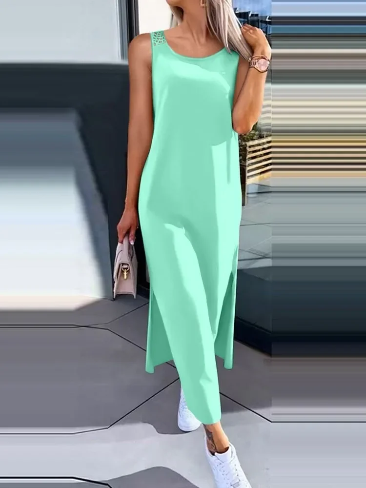 Vestido Midi sin mangas con cuello redondo para mujer, moda de verano, negro, blanco, hueco, sin espalda, con abertura lateral, informal, estilo playero