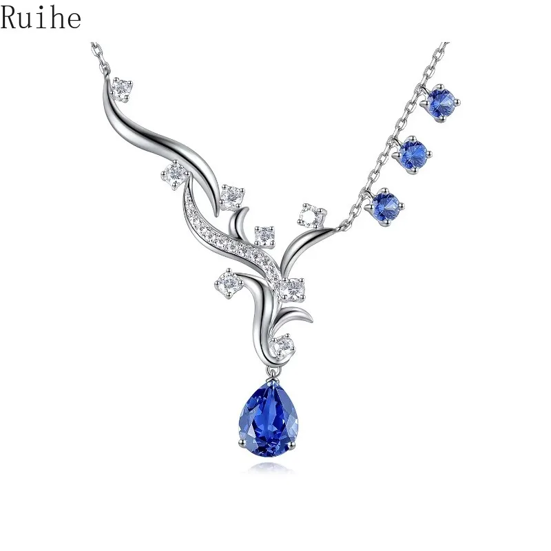 Ruihe New Custom Design New 925 Silver Necklace 2.1ct Synthetic Blue Corundum Sapphire Fashion Jewelry Women Christmas Gifts