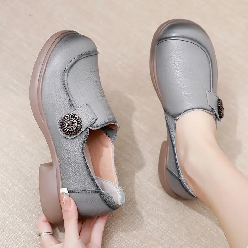 Cowhide Leather Ballet Flats Womens Low Heels Gray Moccasins Ladies Slip On Chic Loafers Luxury Vintage Dress Shoes High Quality