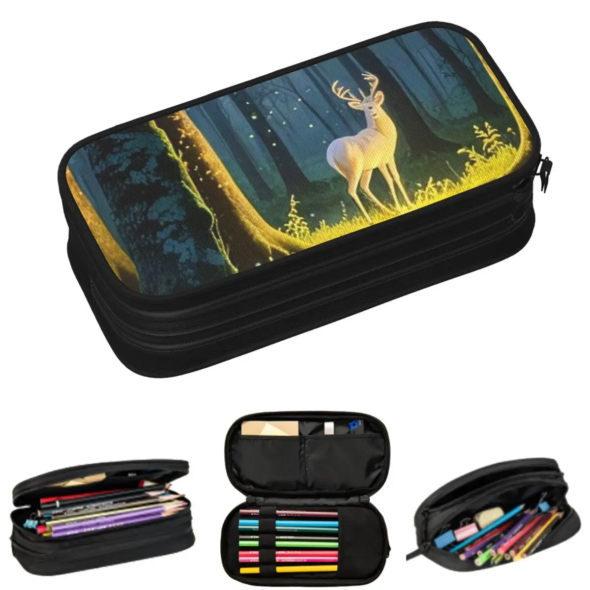 

Пеналы с изображением загадочного оленя и светлячка в лесу, подарки для студентов, пеналы-коробки, сумки для карандашей, пеналы с большим объемом для хранения