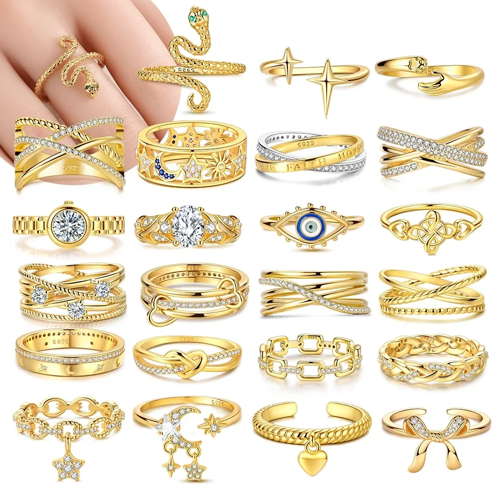 Original 925 Silver Sparkling Gold Bow Heart Star Diamond Knot Ring Valentine's Fine Gift Women Jewelry Elegant Fashion Shiny