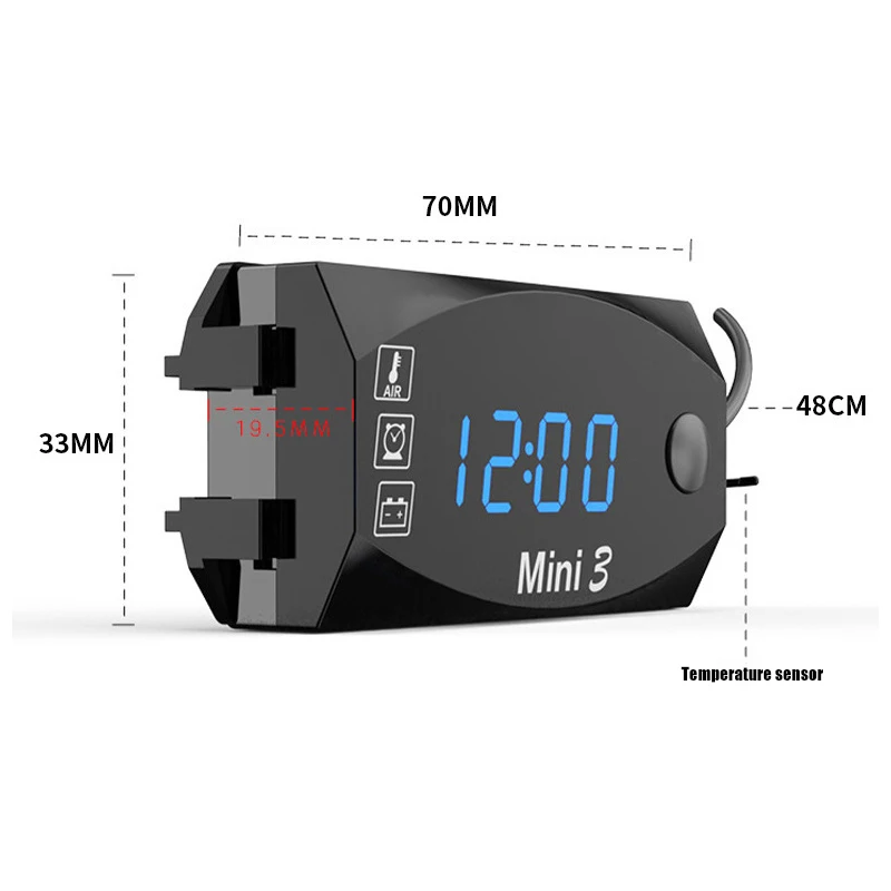 3 In 1 12V Motorcycle Electronic Clock IP67 Waterproof Dust-proof Thermometer Voltmeter LED Digital Display Universal Watch