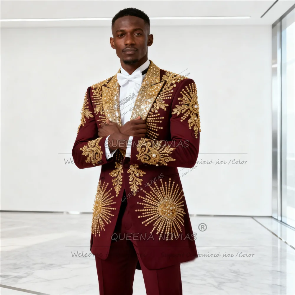 Brilliant Gold Pearls Beaded Men Suit Attire For Wedding Sequined Label Prom Blazers Customized 2 Piece Set Groom Tuxedos Outfit