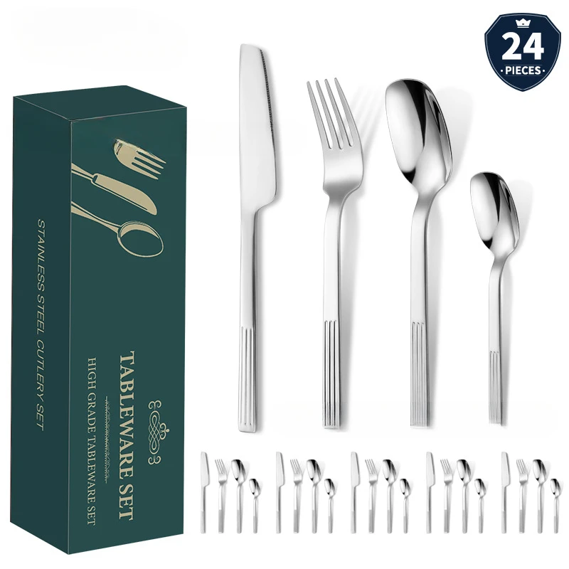 Christmas Stainless Steel Tableware Gift Set Knife Fork Spoon Steak Household Hotel Square Head Striped Cutlery Set