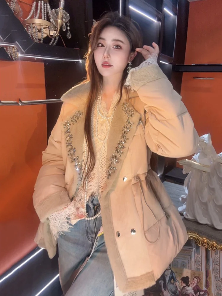 Winter Diamond Lapel Fleece Cotton Padded Jacket Female Waist Drawstring Down Jacket Women Solid Loose Button Casual Outwears