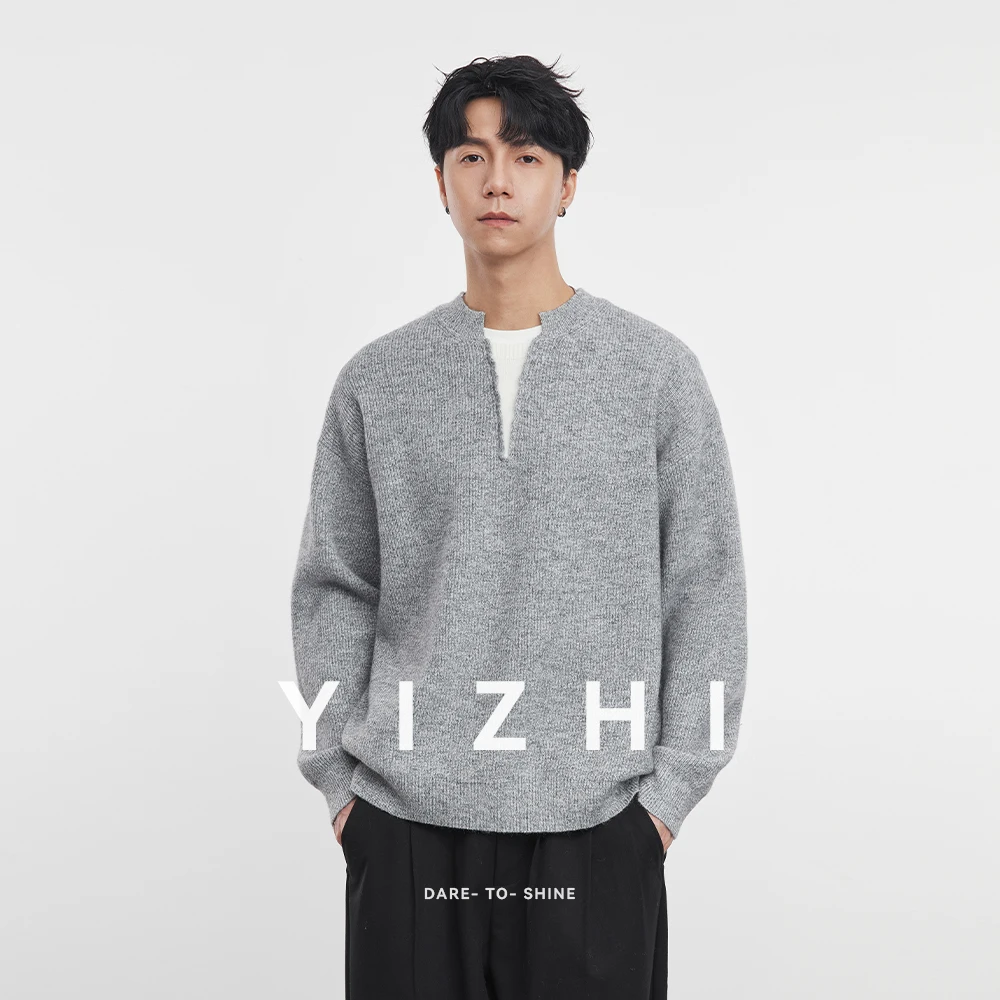 

Fashion Men's V-neck Fake Two-piece Knitted Sweater 2025 Autumn Winter Solid Color Loose Long Sleeve Top Men Sweater Pullover