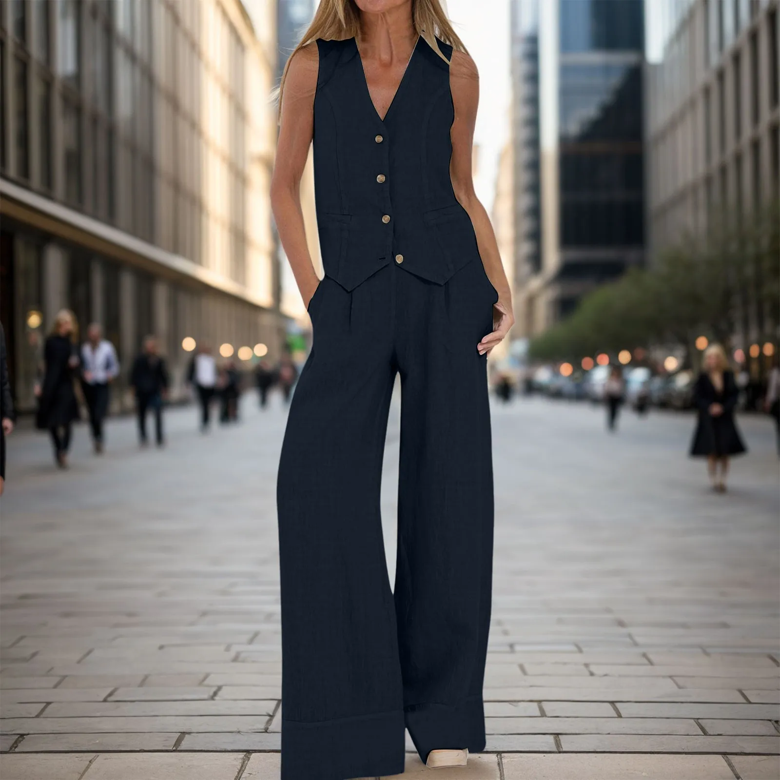 Two-piece Set New in Fashionable Solid Color V-neck Button Sleeveless Vest Tops Commuter Wide Leg Pants Women 2-piece Set 2024