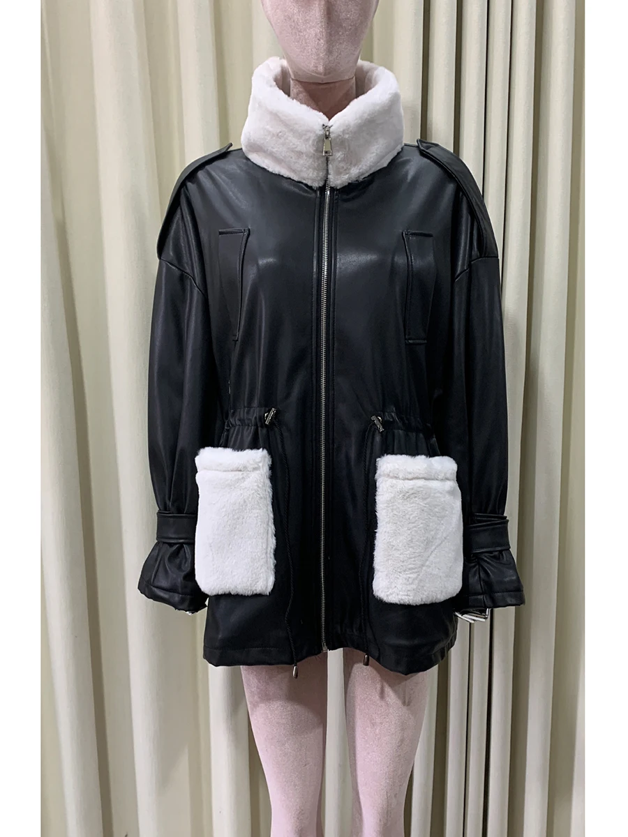 

Зимняя свободная повседневная теплая утолщенная кожаная куртка большого размера для женщин с искусственным мехом внутри, белые пальто на подкладке из искусственного меха, одежда на молнии
