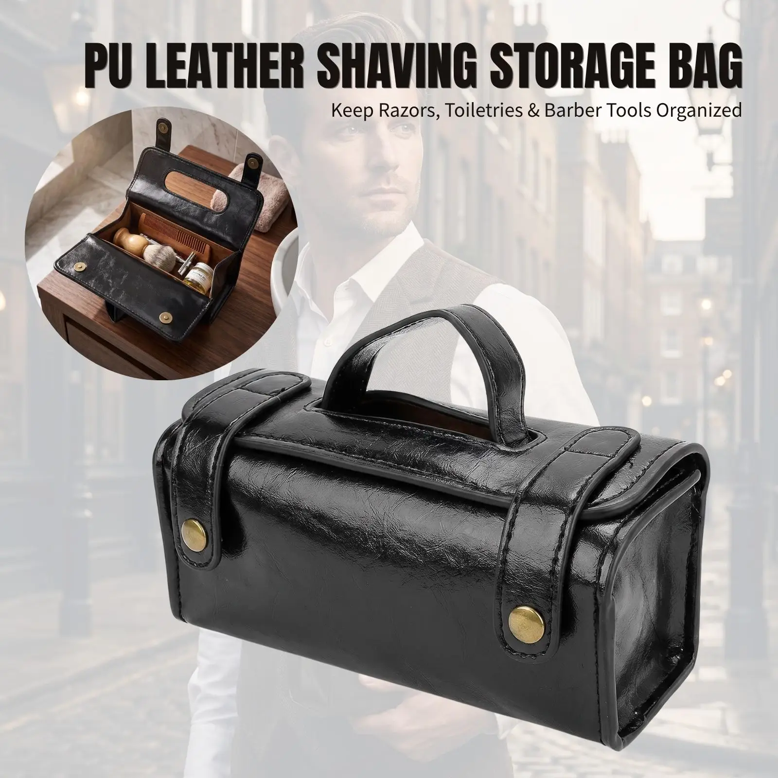 Vintage PU Leather Shaving Storage Bag Portable Travel Toiletry Organizer Handbag Men Barber Shaving Grooming Tool Storage Pouch