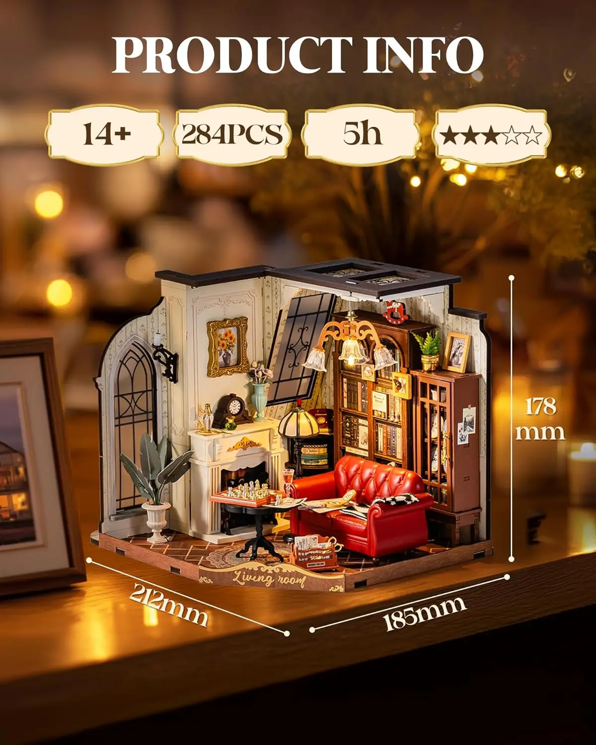 Robotime DIY Miniatur-Puppenhaus-Set, Catherine's Wohnzimmer, Holzbausätze mit LED-Leuchten, Modellbausätze für Erwachsene, Geschenk