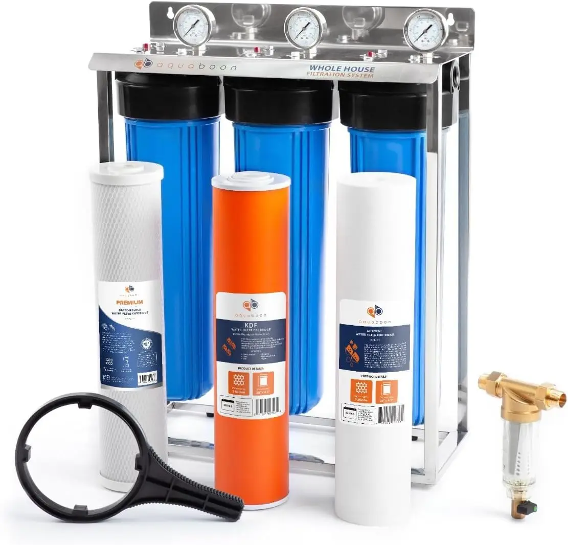 3-Stage Whole House Water Filter System with Prefilter & 20x4.5 Water Filters | Gauge & Release, Wrench,