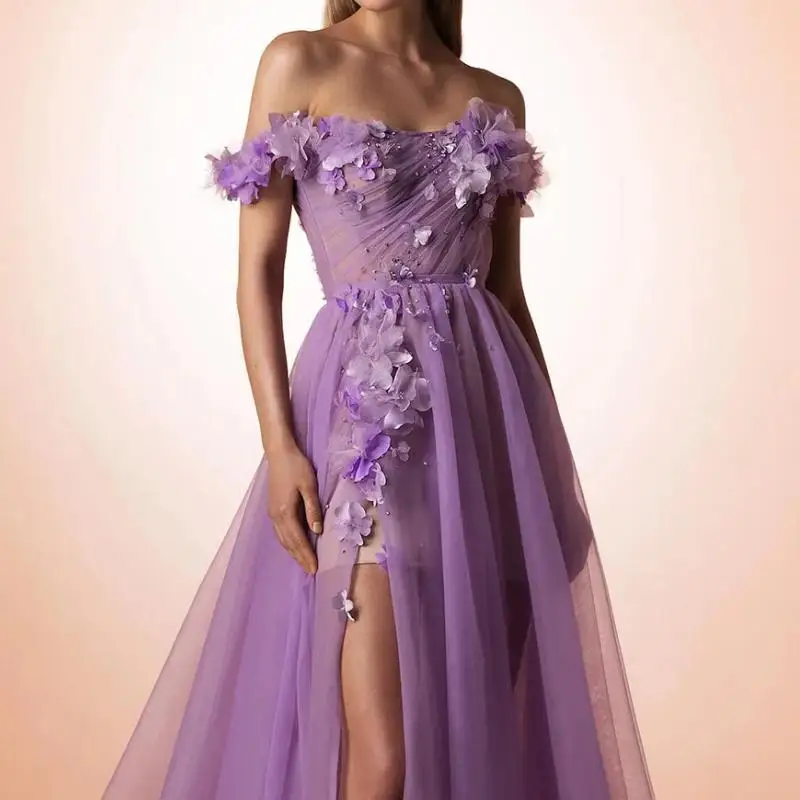 Elegant Purple Women Prom Dresses 2024 Off Shoulder 3D Flower A Line High Slit Party Holiday Dress Evening vestidos de noche