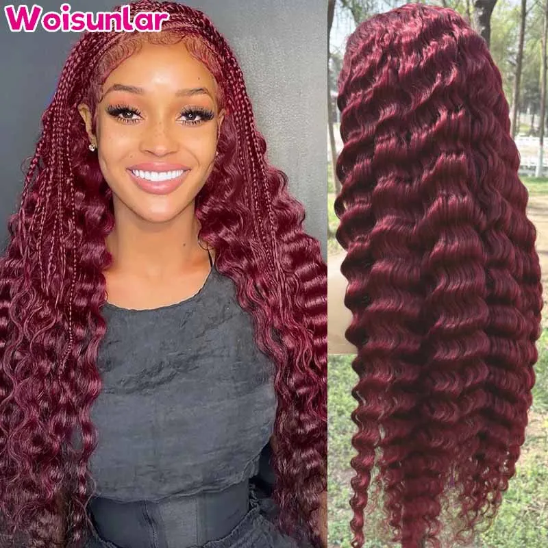 30 36 Inch Curly 99j burgundy 13x4 Lace Front Human Hair Brazilian Red Colored Deep Wave 6x6 2x6 Lace closure Wig For Women hair