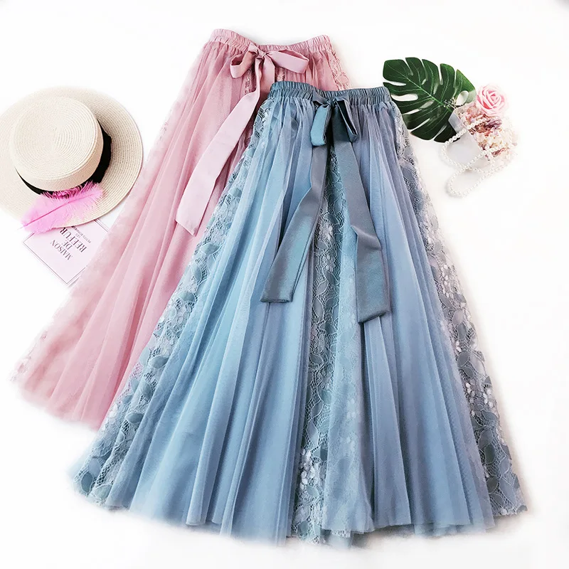 

Fashion Tutu Tulle Skirt Women Long Maxi Skirt Korean Cute Bow High Waist Pleated Skirt Female School Sun Spodnica