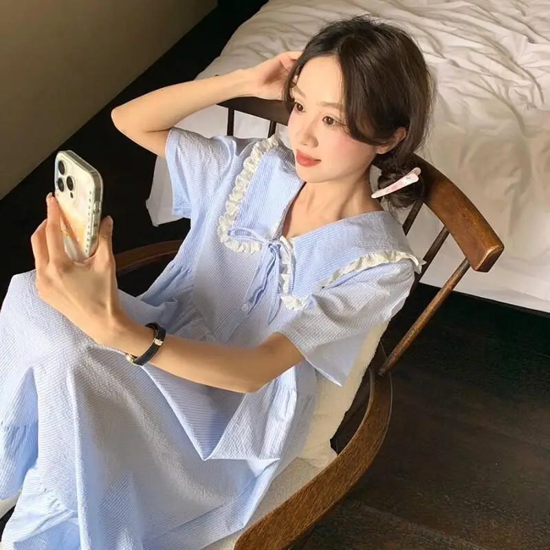 Women's Pajama Set Fashion Homewear Peter Pan Collar Short Sleeve Dress Cotton for Women Versatile Wear Striped French 2025