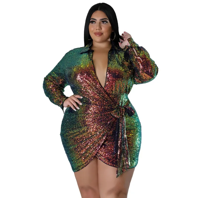 

Wsfec L-4XL Plus Size Dresses Women Clothing 2023 Fall New Fashion Long Sleeve Sequins Bandage Bodycon Mini Dress Dropshipping