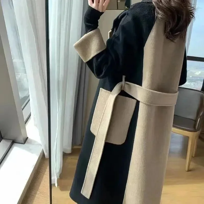 Cappotto doppiopetto patchwork elegante Cappotto lungo da donna con fascia sottile Capispalla Autunno Inverno Chic Colletto rovesciato Cappotti caldi