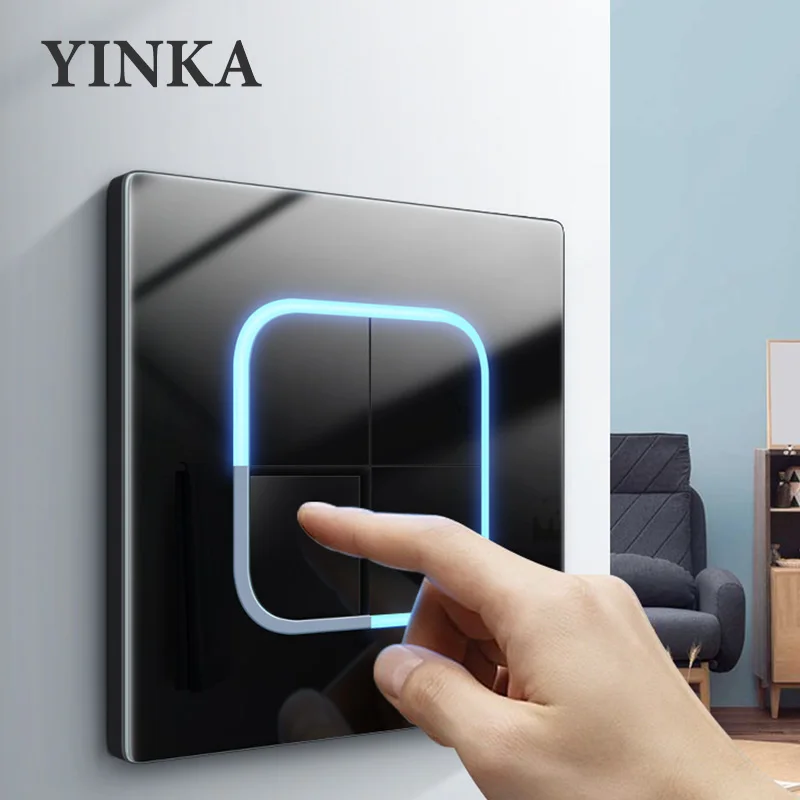 YINKA Tempered Glass Panel Acrylic Button Black Wall Socket Light Switch 1 2 3 4 Gang/1 2 Way LED Indicator Lights 86mm*90mm