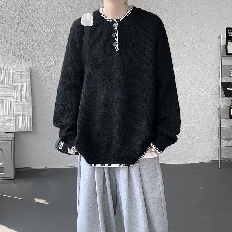 

Свободный крой, вязаный свитер с воротником Генри, мужской осенне-зимний винтажный удобный свитер Lazy Sle, модный свитер большого размера