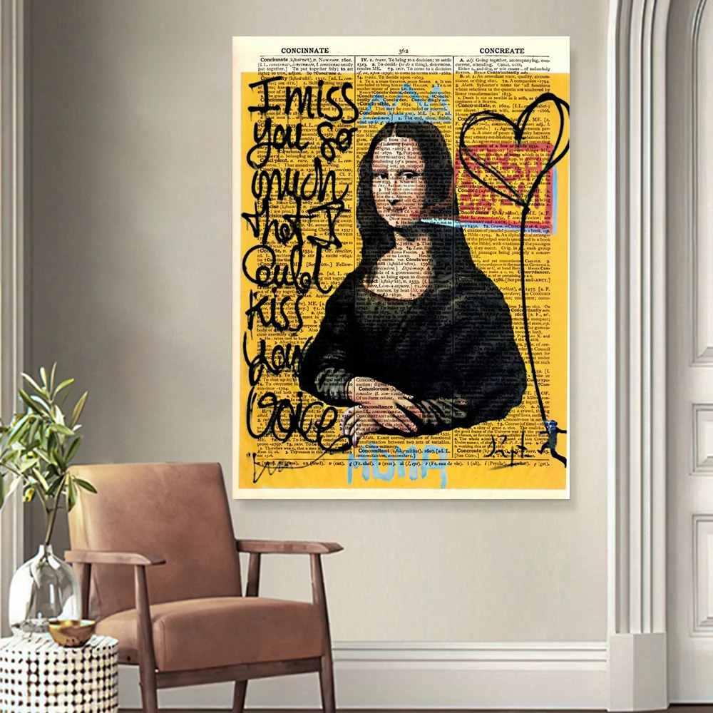 Creative Mona Lisa Graffiti Impressions Wall Art Poster Newspaper Text Home Decor Canvas Painting Murals Pictures Prints Artwork