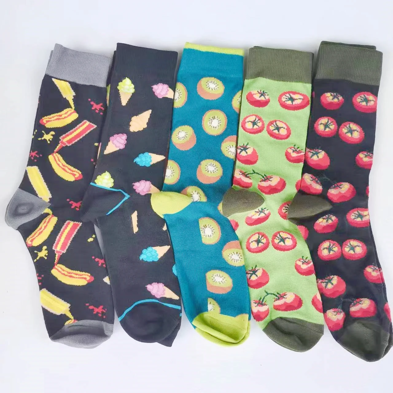 Funny Food Pattern Ice cream Hot Dog Qiwi Tomato Men Crew Sock Gift Men Boyfriend Husband Cute Street Novelty Funky Black Green