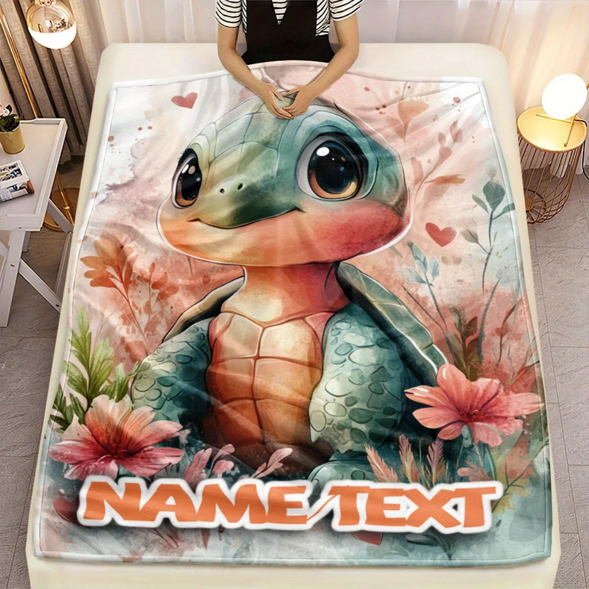 Flanelldecke mit individuellem Namen, Schildkröten- und Blumenmuster, weicher, leichter Flanellüberwurf für Reisen, Wohnzimmer, Büro, Couch und Bett