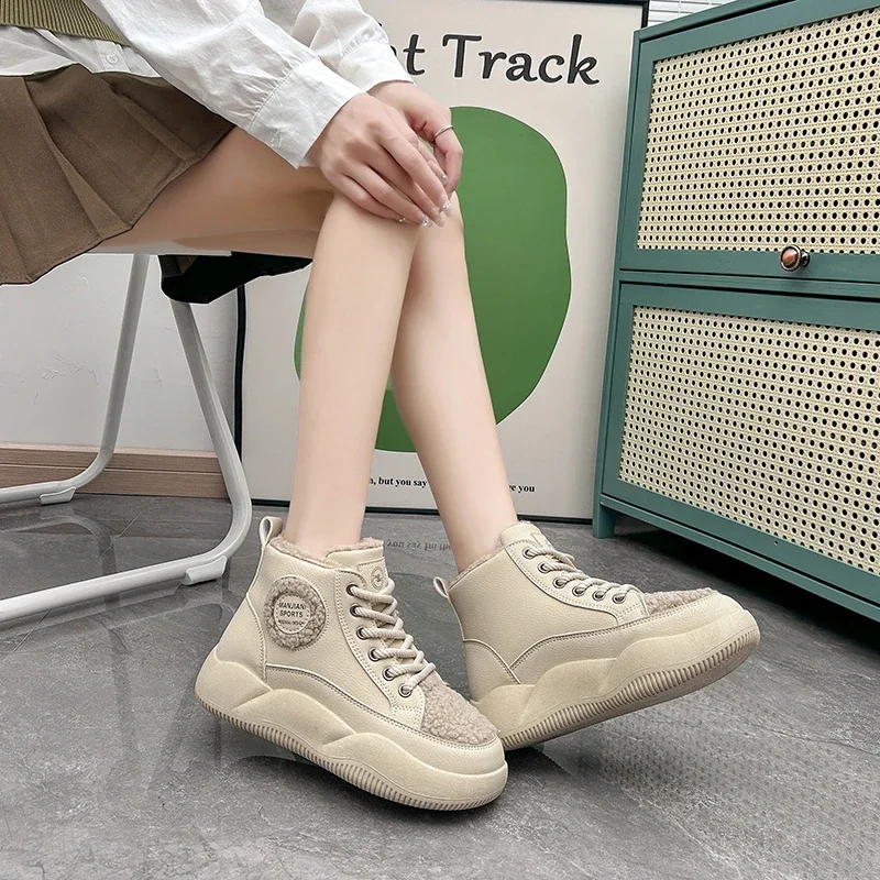 Leisure Ankle Boots Female Woman Winter Sneakers Women Shoes Flat Platform Shoes Mid Heels Warm Plush Modern Boots Zapatos Mujer