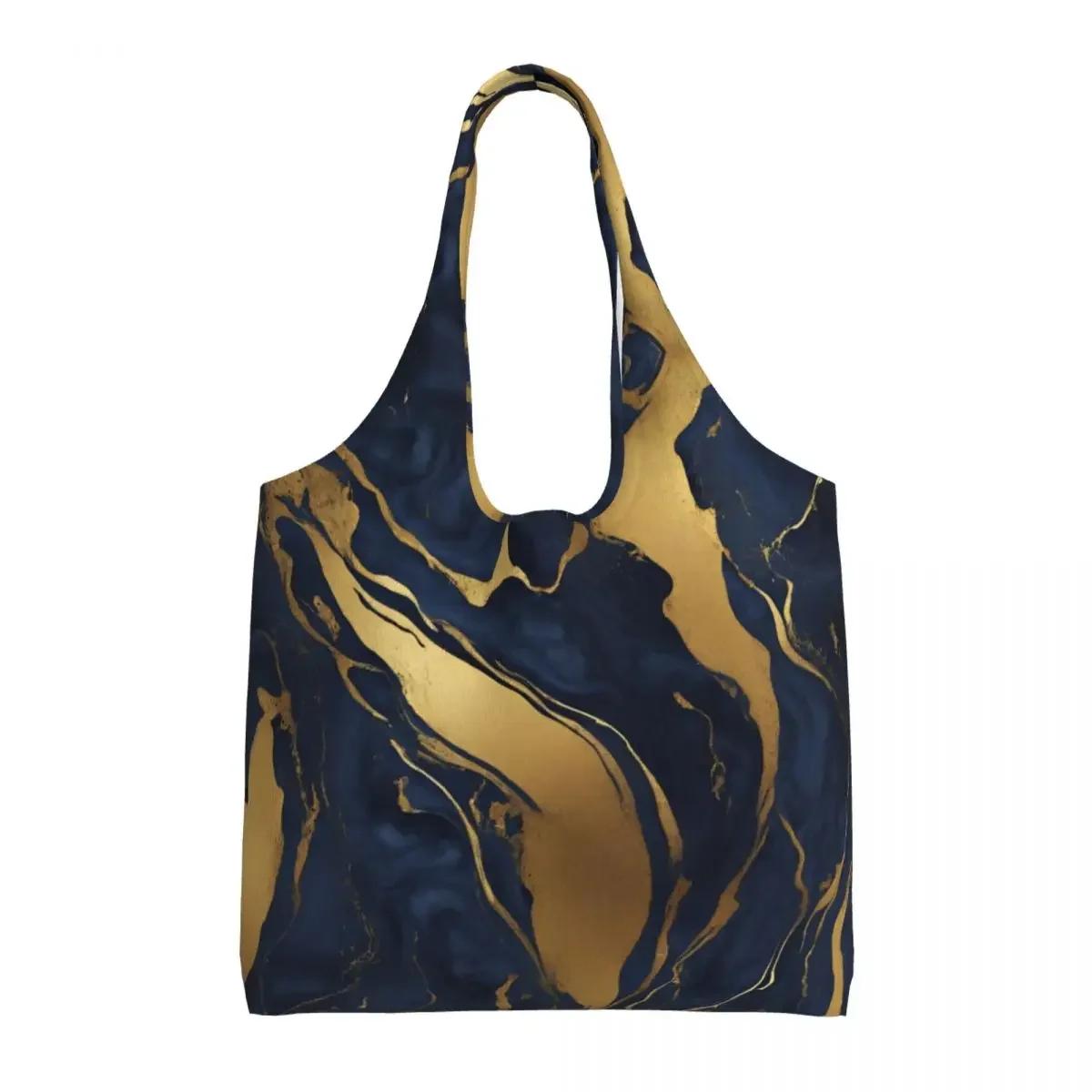 

Custom Preppy Minimalist Blue Gold Marble Swirls Shopping Bag Women Canvas Shoulder Tote Bag Washable Grocery Shopper Bags