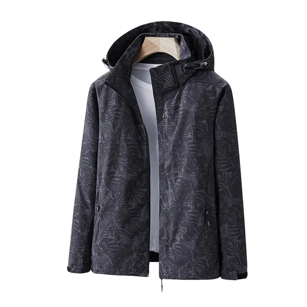 

Men Jacket Hooded Stand Collar Long Sleeve Printing Jacket Coat with Pockets Zipper Placket Windproof Outwear