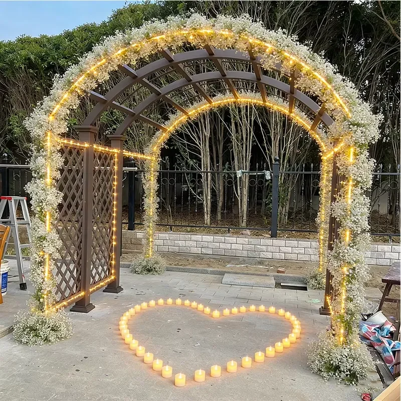 Twin Pack Heat Treated Arched Trellis Set for Garden Walkway Matching Pair of Metal Arbors Safety Fencing Romantic Floral