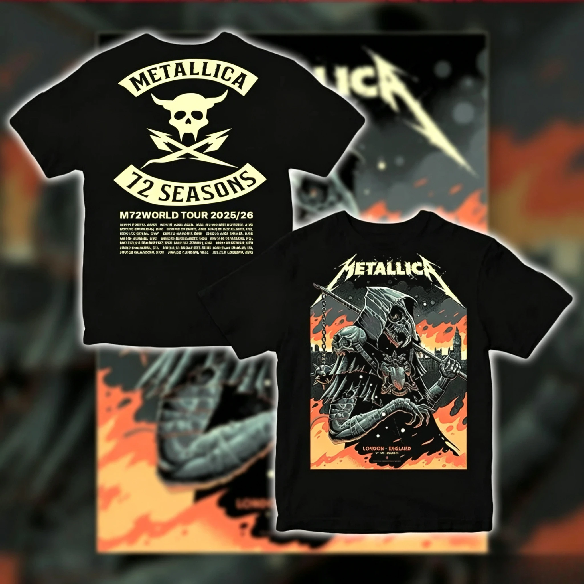 Metallica London tour tee M72 World Tour 2026 shirt plague doctor reaper graphic tshirt thrash metal concert merch front back