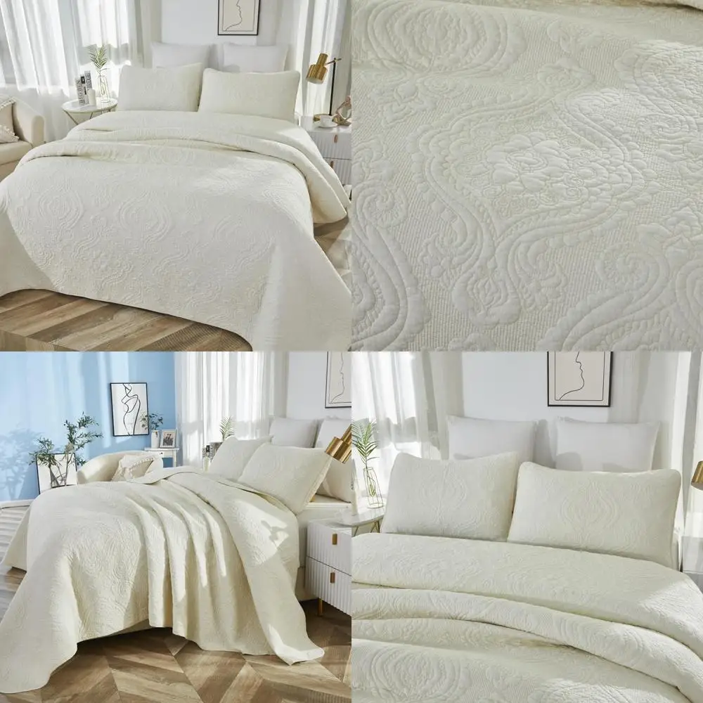 

Luxury Cotton Damask Queen Size Quilt Coverlet Set in Cream White, 3-Piece