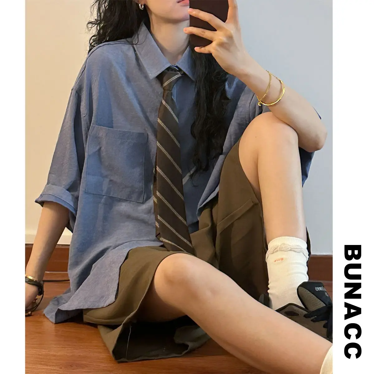 

Синяя летняя повседневная свободная женская рубашка в американском ретро-стиле, топ с короткими рукавами в студенческом стиле, универсальный, удобный, модный женский топ