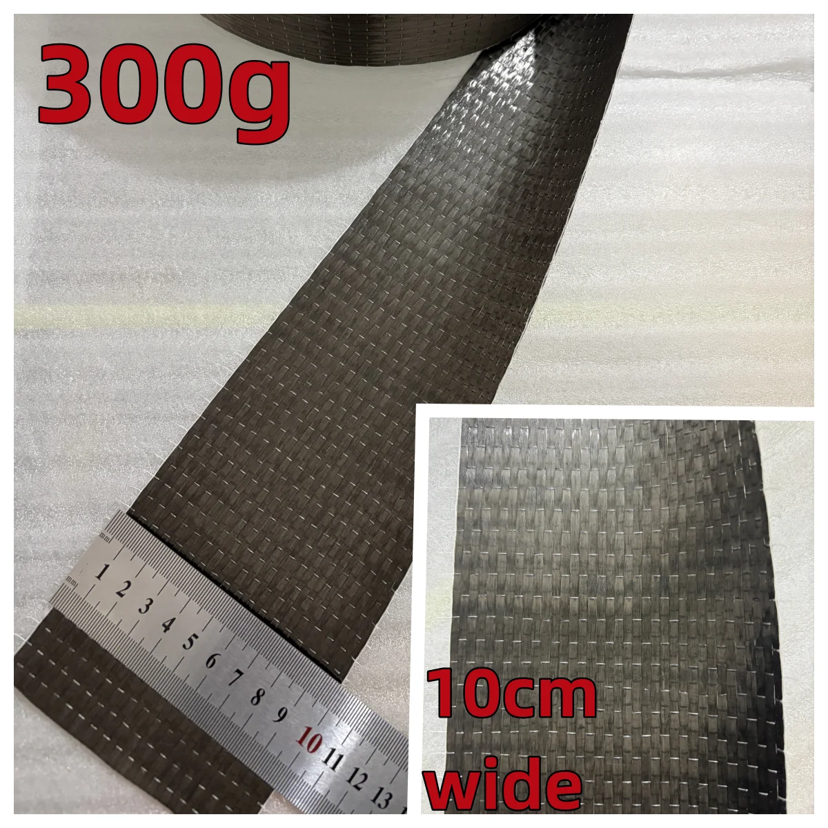 Tela de fibra de carbono unidireccional UD de 12k y 300 g/m², 10 cm/15 cm de ancho, material de alta resistencia para reparación y refuerzo, para construcción.