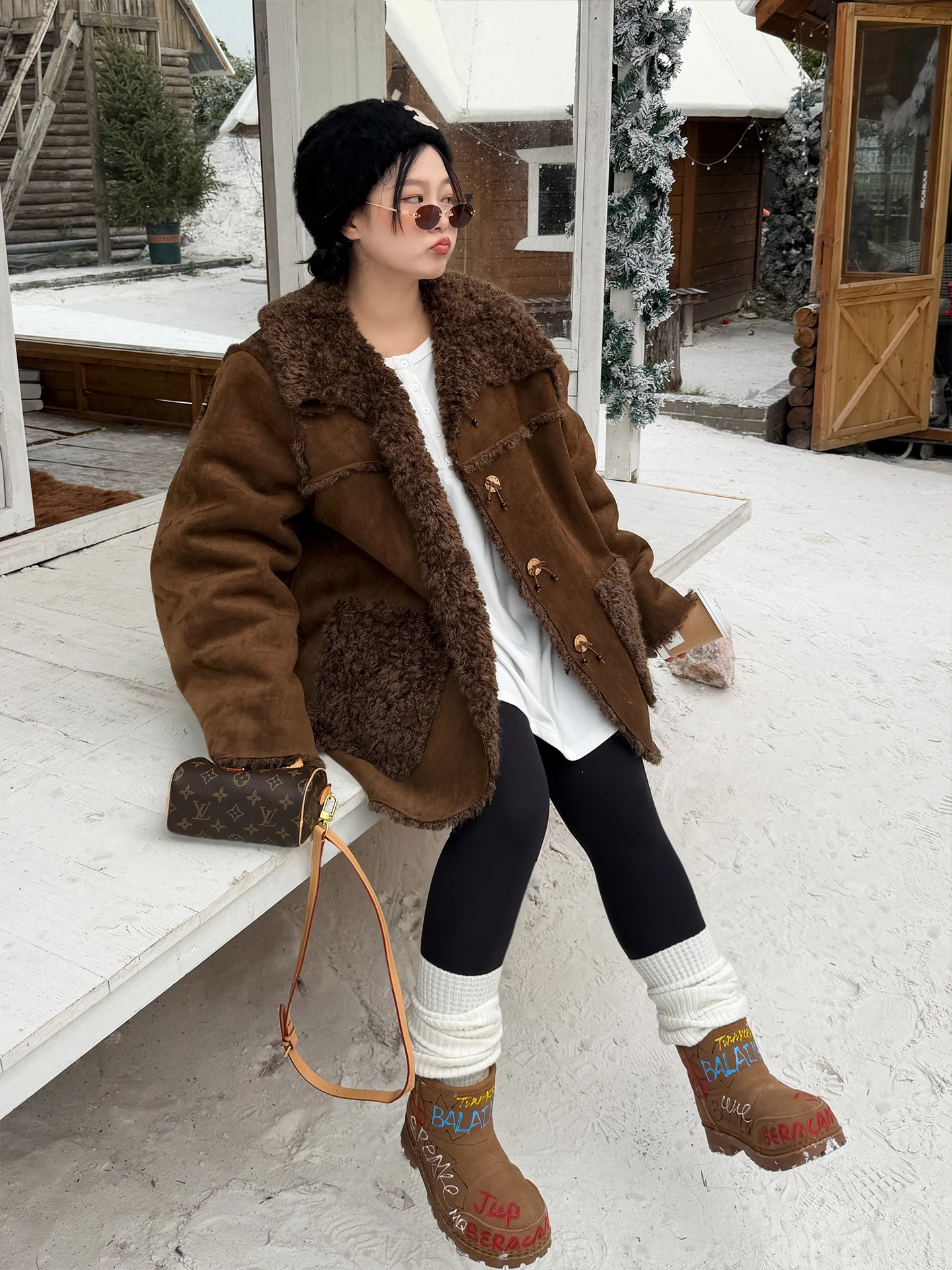 

Карамельно-коричневое двустороннее пальто из тосканской овчины и замши для женщин, свободного кроя, с длинными рукавами, для повседневной носки