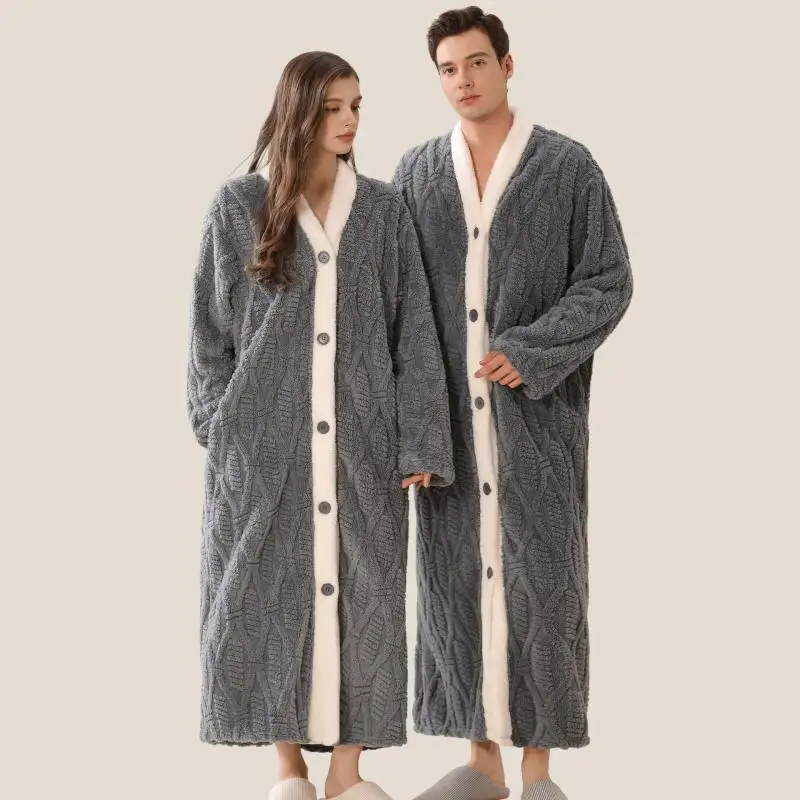 Couple Autumn Winter New Robe Jacquard Thicken Soft Bathrobe Men Women Homewear Kimono Gown Loose Comfy Dressing Gown Loungewear