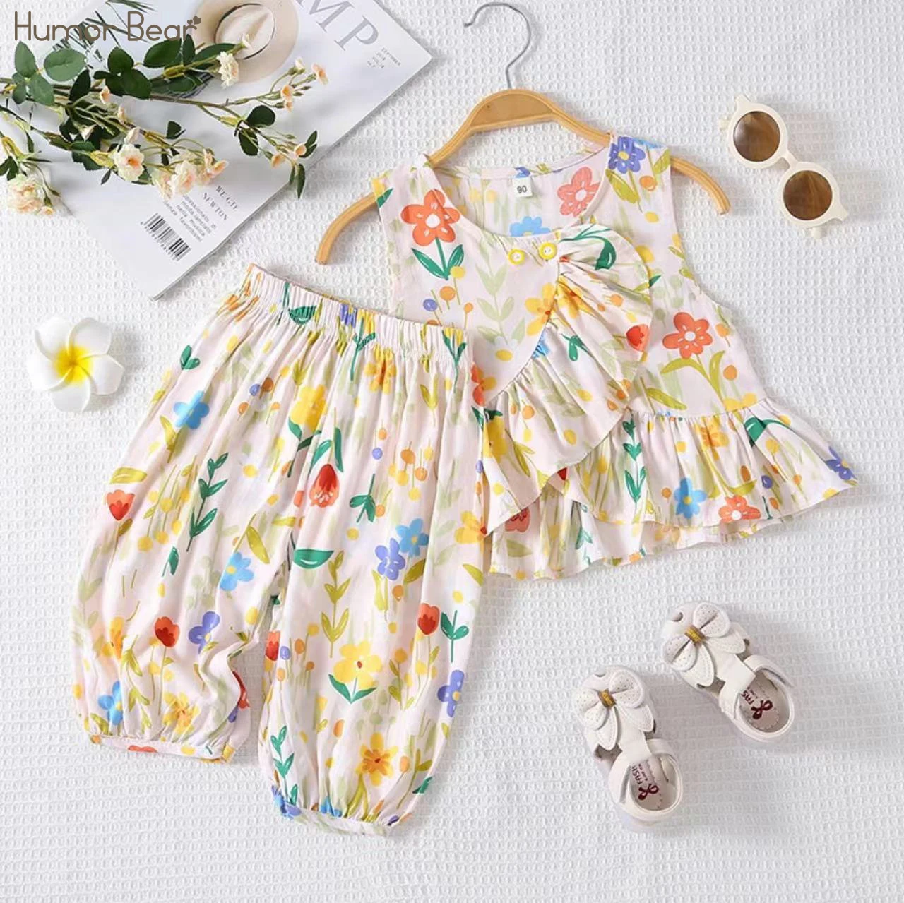 Humor Bear Girls Clothing Summer Stylish Outfit Printed Silk Vest + Cropped Pants Casual Kids Clothing Two-piece Set