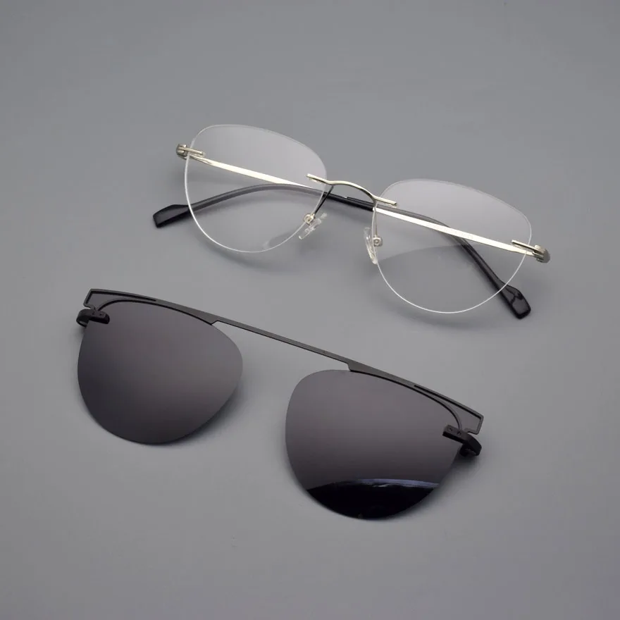 Frameless Women With Magnet Adsorption Clip On Myopia Gold Prescription Eyeglasses Lens Ellipse Glasses Frame Silver Sunglasses