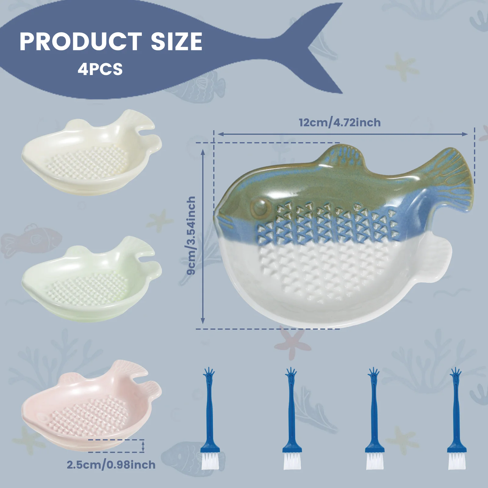 4Pcs Garlic Grater Plate Small Fish Shape Ceramic Ginger Grater Multifunctional Grinding Disc Dishwasher Safe for Garlic Ginger