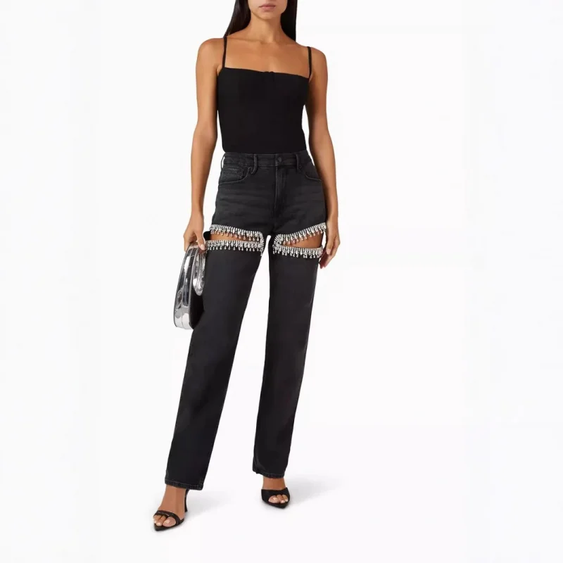 

Сексуальные облегающие шифоновые джинсы с цветочным принтом и стразами, прямого кроя, женские, осенние, с высокой талией, из хлопка, свободного кроя