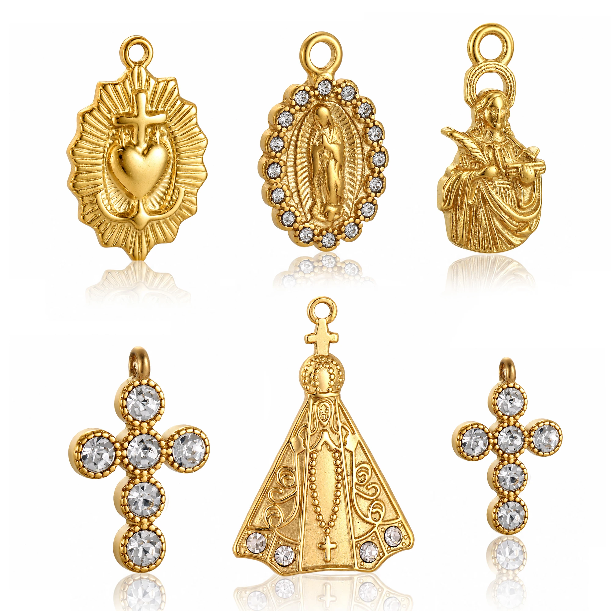 3 Stück Anhänger „Unsere Liebe Frau von Aparecida“ aus Edelstahl, Jungfrau Maria/Kreuz/Herz, katholisches Amulett für Halsketten, DIY-Schmuckherstellung