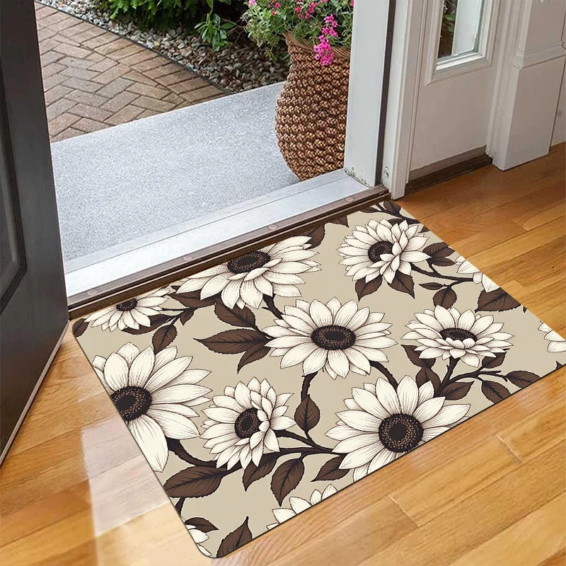 Minimalist White Sunflower Doormat Beige Botanical Print Non Slip Entry Rug For Entryway Hallway And Fresh Home Decor