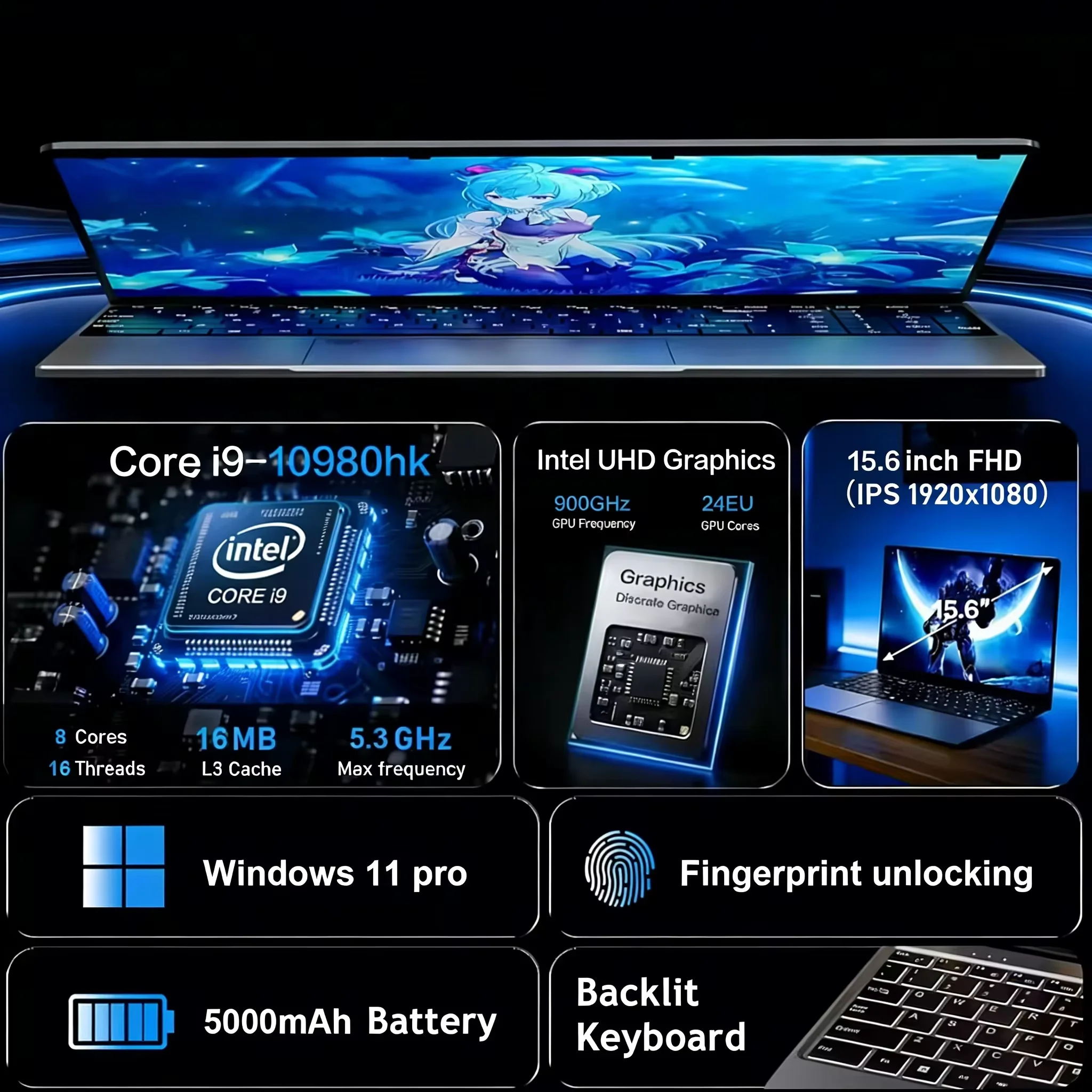 Core I9-10980HK Laptop 16GB RAM 1TB/2TB SSD Backlit Keyboard Fingerprint Unlocking Function Gaming and Business Dual Use Laptop.