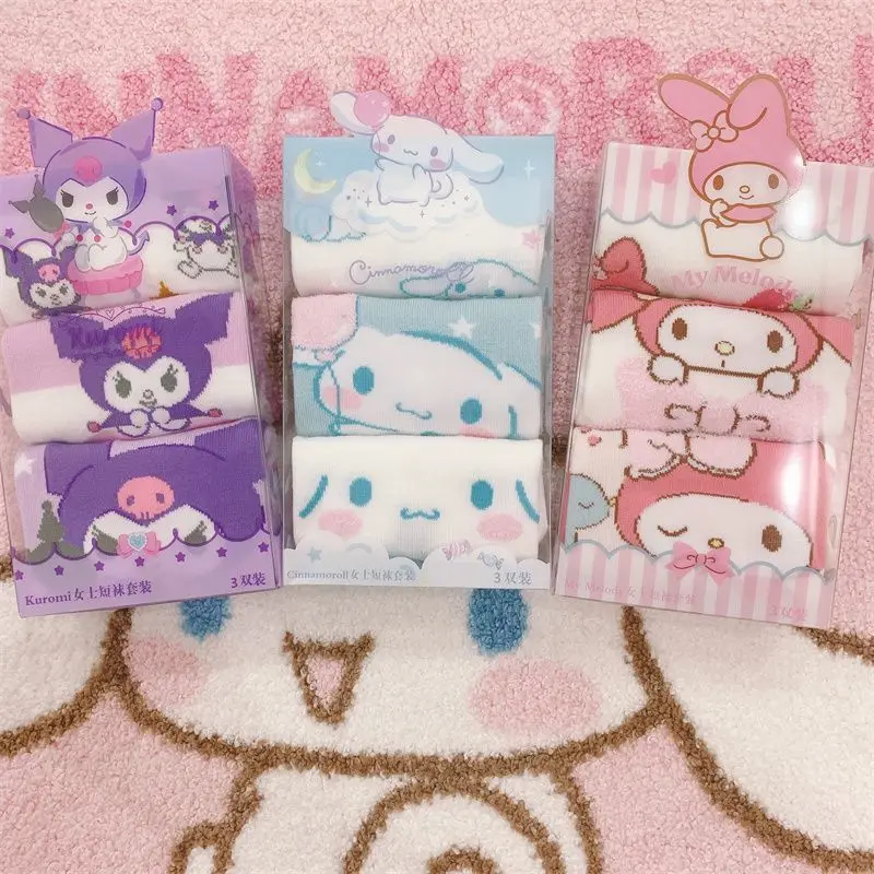 3Pairs Kawaii Sanrio Kuromi Socks Cinnamoroll Dog My Melody Anime Cute Student Summer Thin Comfortable Sports Socks for Girls